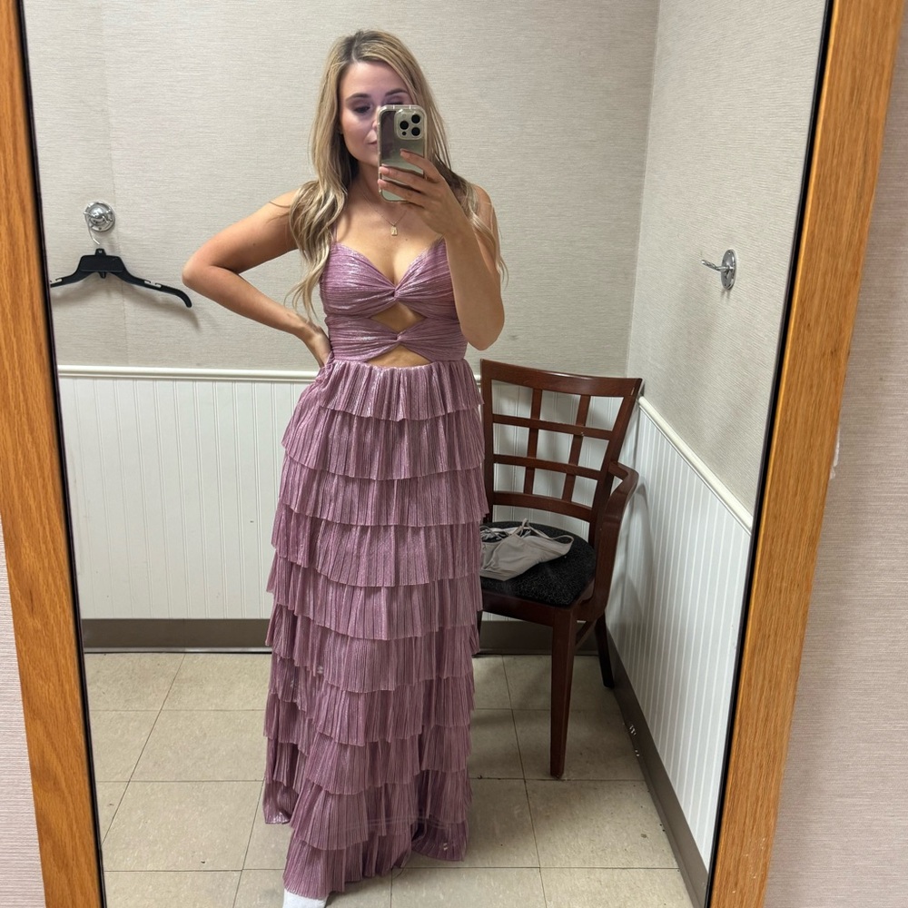 Gianni Bini Elegant Mauve Pink Purple Metallic Tiered Maxi Dress - Picture 8 of 11